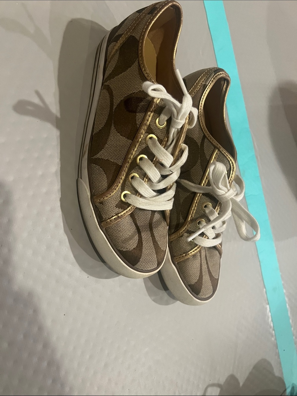 Coach Brown Signature Canvas Sneakers with Gold Trim